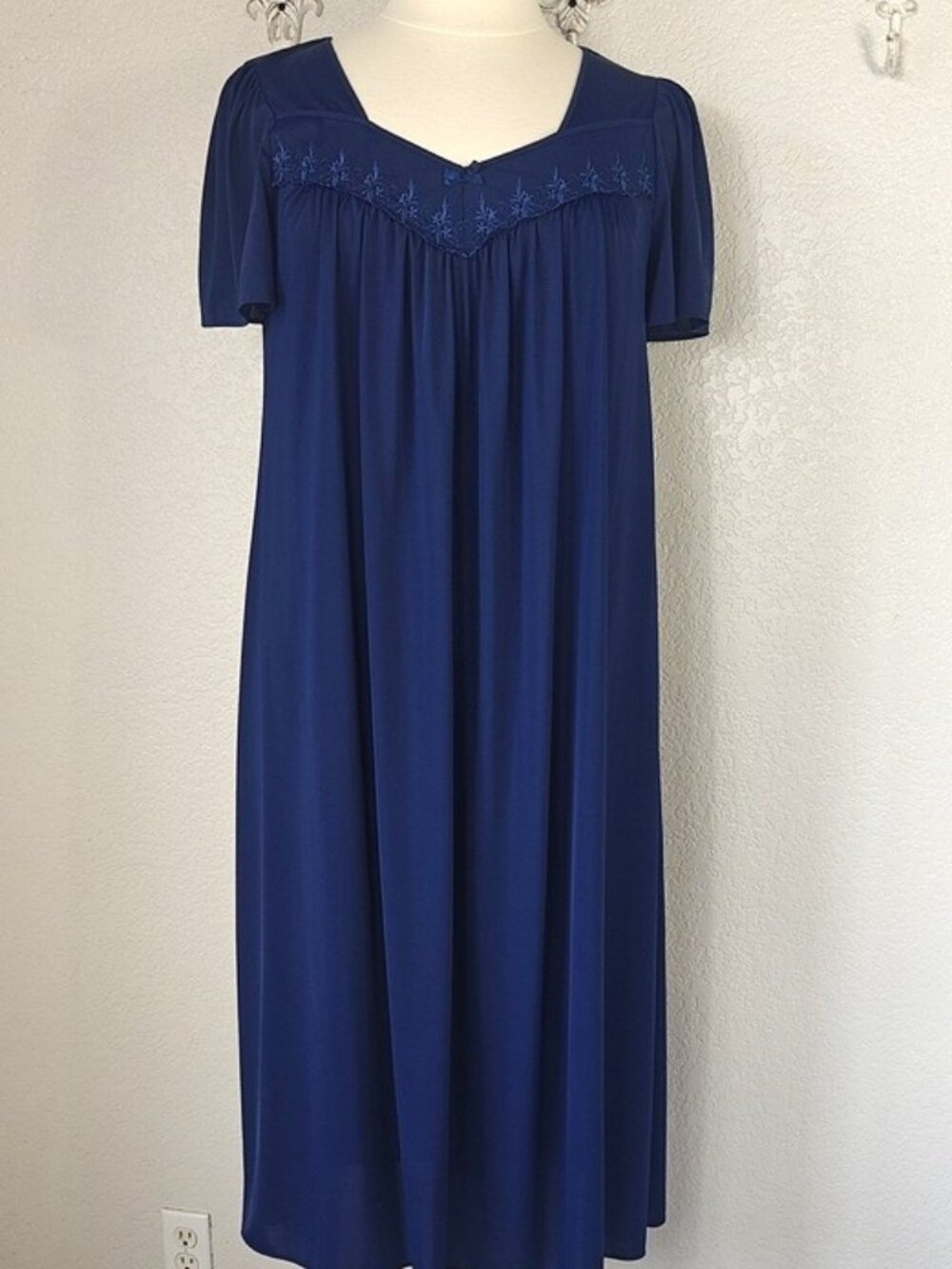 Miss Elaine Sz L Nylon Tricot Long Classic Nightgown Navy Blue